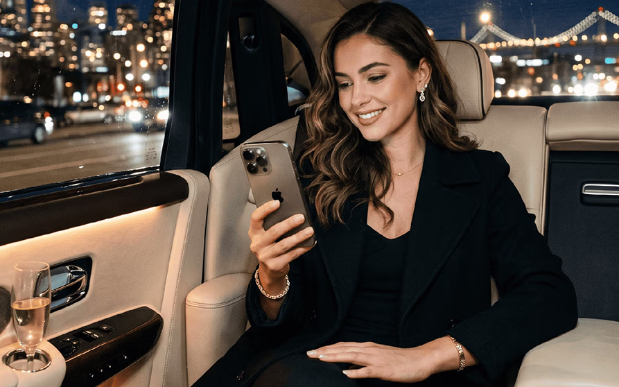 Client enjoying a relaxed ride and city views with Boston limo service