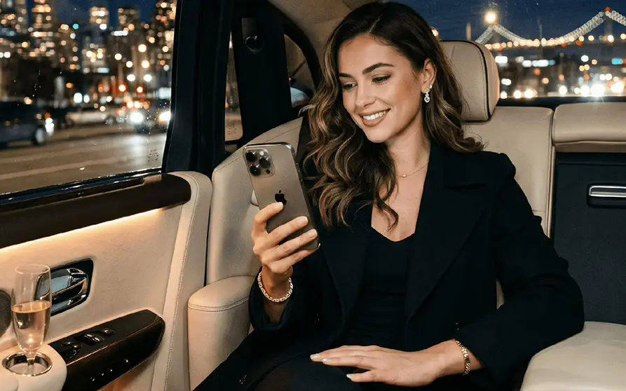 Client enjoying a relaxed ride and city views with Boston limo service